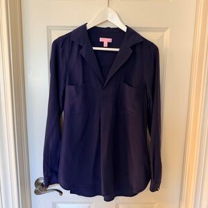Lilly Pulitzer 100% silk Notch Neck Navy Blue Tunic Blouse